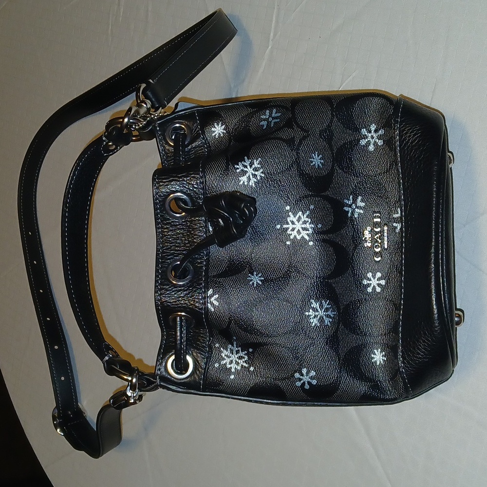 Coach Black Dempsey Drawstring Mini Bucket Bag with Snowflake Accents
